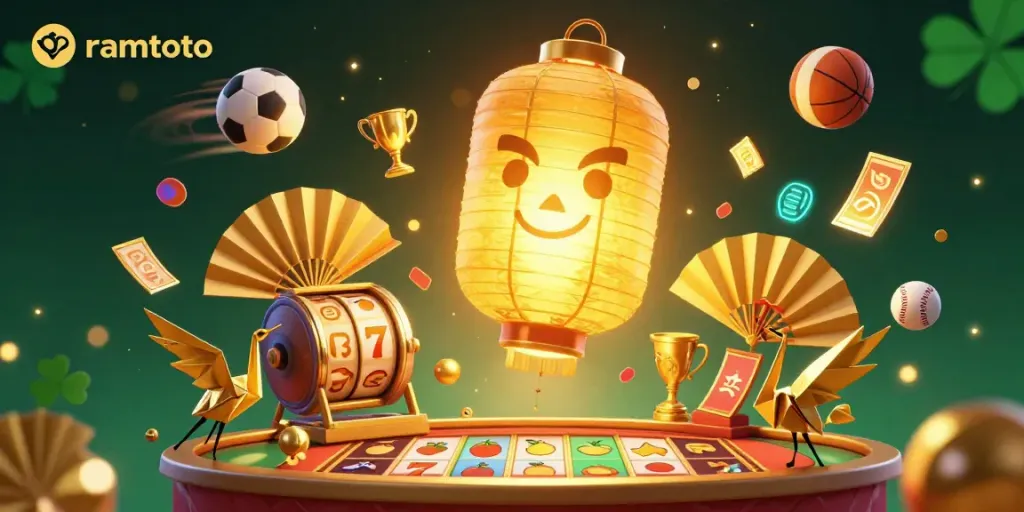 Permainan keberuntungan ramtoto dengan lampion emas yang bercahaya dan simbol keberuntungan lainnya.