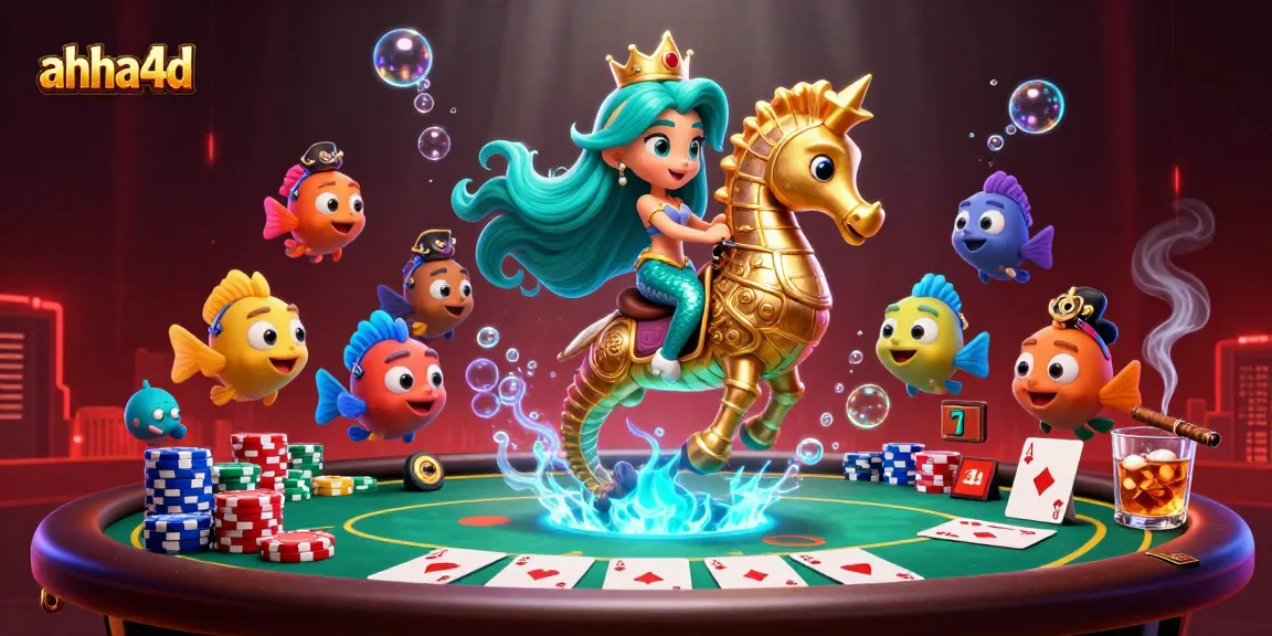 Engage in ahha4d casino excitement with a mermaid princess and seahorse at a poker table.