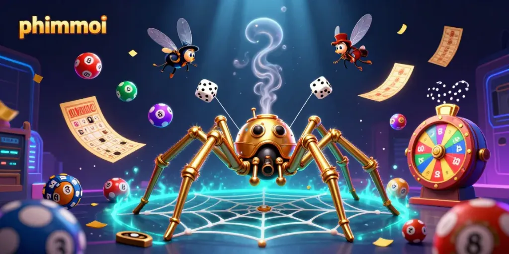 Engage with phimmoi's thrilling world of gambling as a golden spider catches dice in a rich, dynamic casino scene.