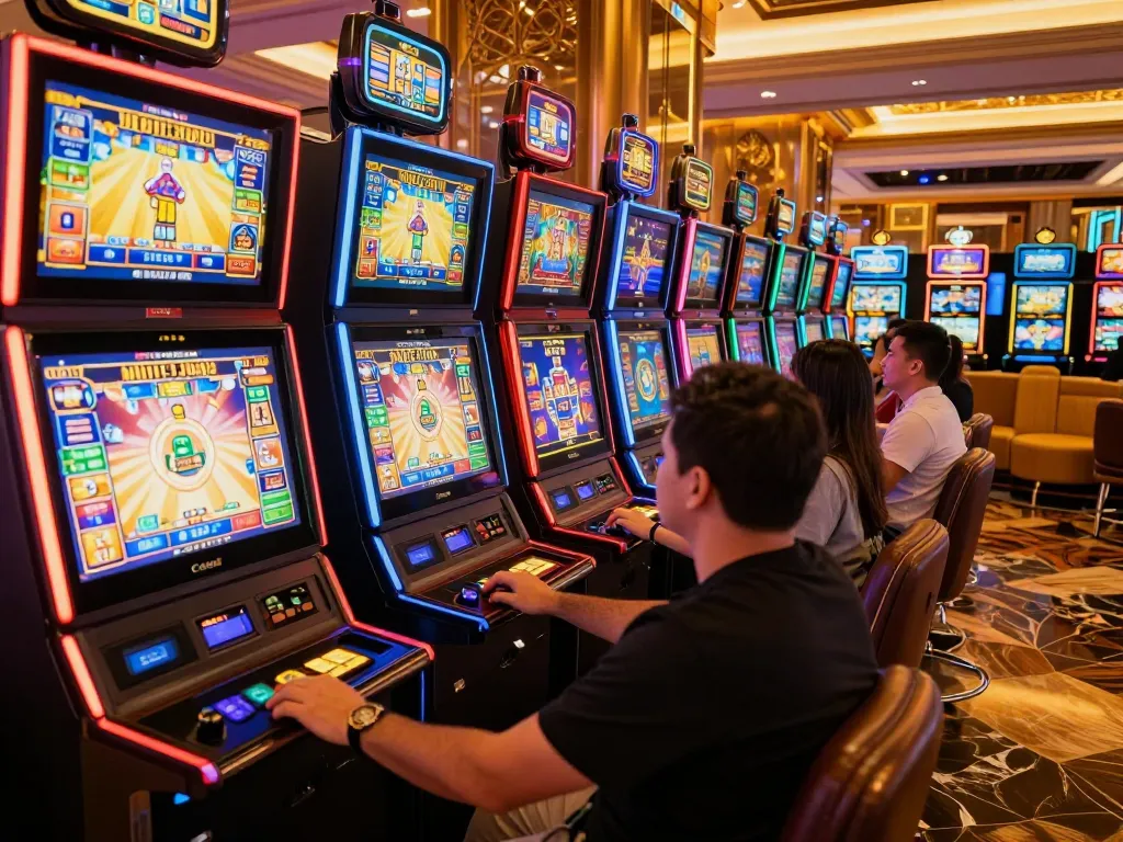 Players enjoying video slots in a luxury casino, experiencing the thrill of MPO ID gaming