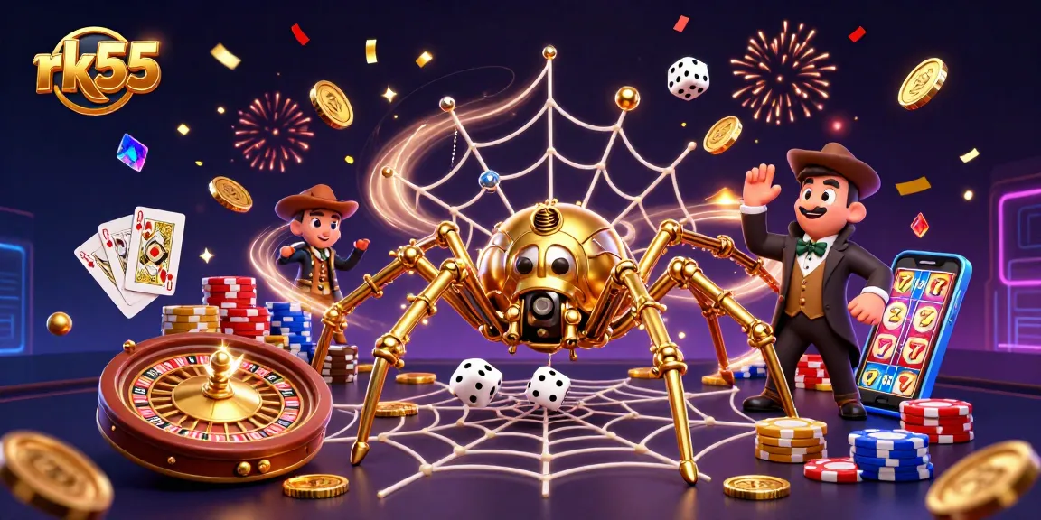 Experience the thrill of rk55 with golden spiders, coins, and vibrant gaming action!