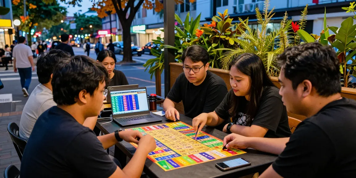 Excited friends enjoying a game of situs togel in an urban setting, with vibrant nightlife.