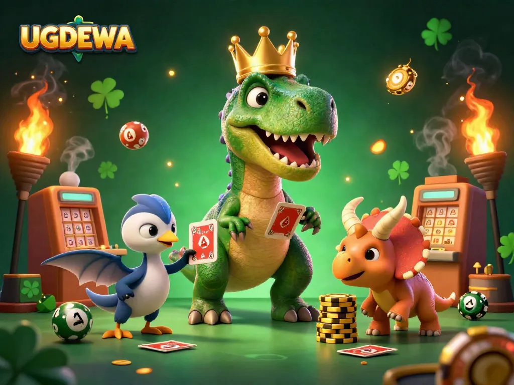Engage in exciting lottery gameplay with UGDEWA, featuring vibrant characters and dynamic elements.