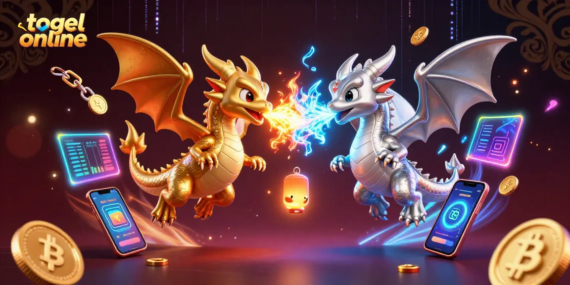 Rasakan keseruan togel online dengan detail fantastis, menampilkan dua naga 3D dan elemen permainan menarik.