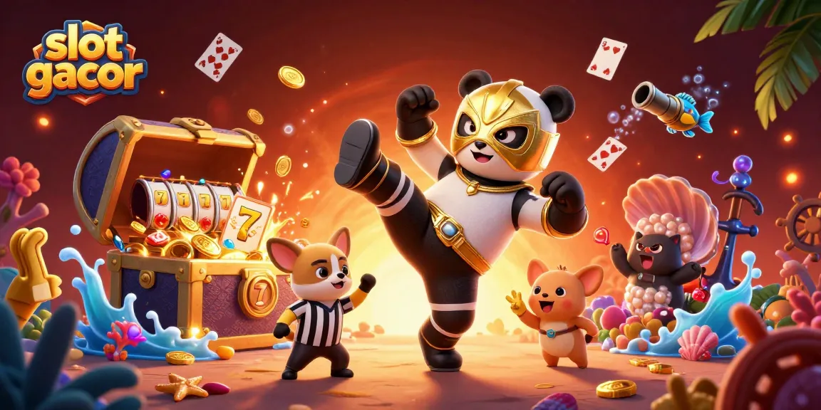 Nikmati slot gacor dengan panda pegulat dan penonton hewan ceria di latar belakang kasino yang megah.