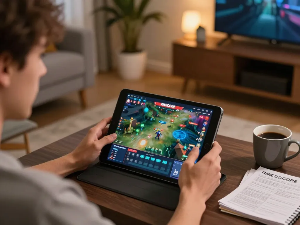 IDNSCORE player engaging in online gaming with interactive interface and strategy notes in cozy home