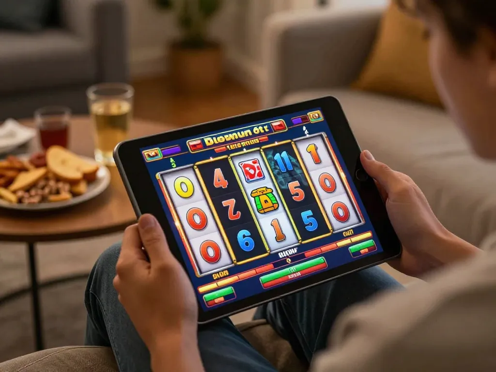 Pengalaman bermain slot online Pandawin yang menampilkan gulungan berwarna-warni di tablet dalam lingkungan rumah yang nyaman