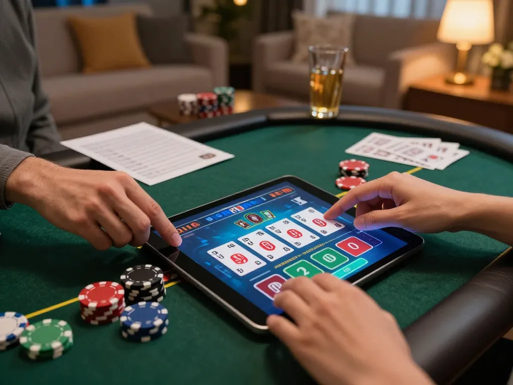 Pemainan blackjack online yang menarik di tablet alexis500 di tengah suasana rumah yang nyaman dan catatan strategi.