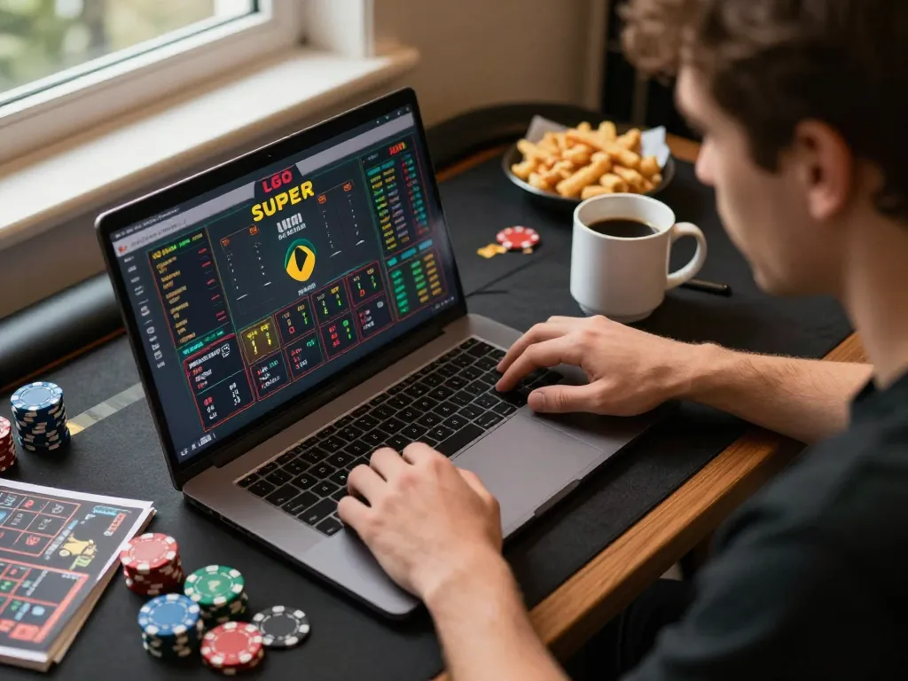 Engaging gameplay with LGO SUPER on a high-end laptop in a cozy setting, illustrating strategic betting.