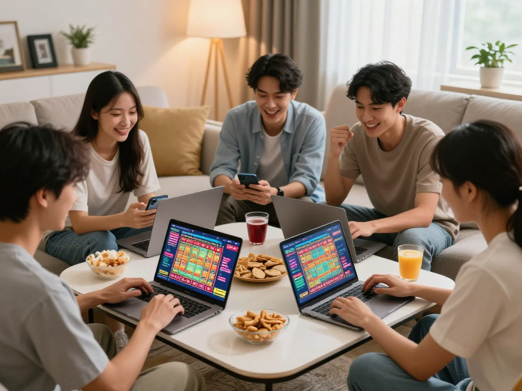 Kelompok teman menikmati permainan situs togel online dengan antusias di ruang tamu yang nyaman.