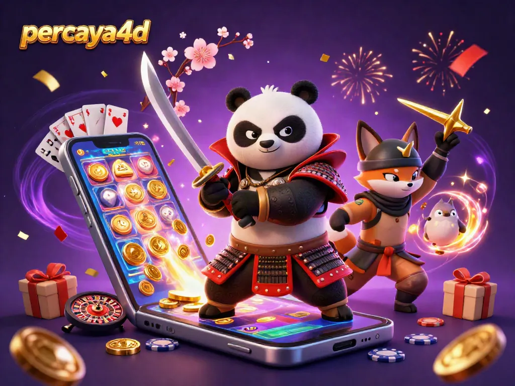 Permainan seru percaya4d dengan panda samurai dan rubah ninja, koin dan kartu bertebaran.