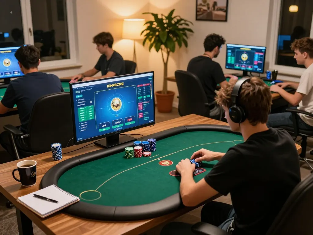 IDNSCORE lively online poker gameplay showcasing strategic decisions in a professional home setup.