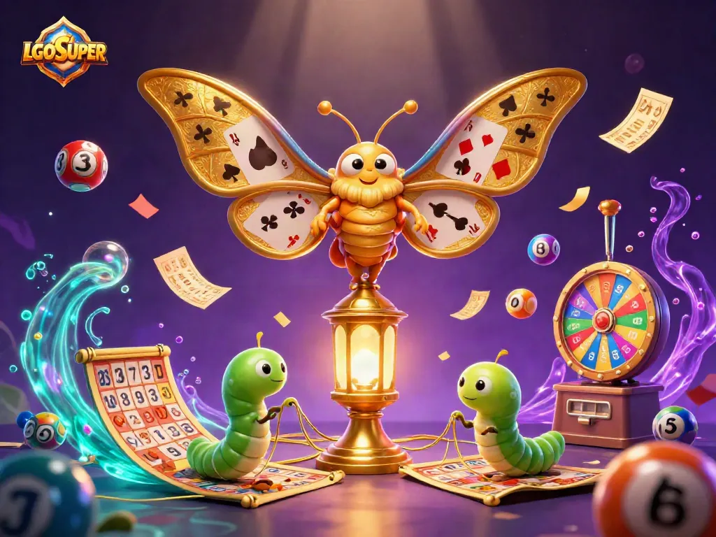 Engage with LGOSUPER as colorful lottery balls bounce through an enchanting casino scene.