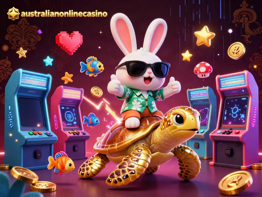 Engaging illustration of the australianonlinecasino theme with a lucky rabbit and golden turtle in vibrant casino settings.