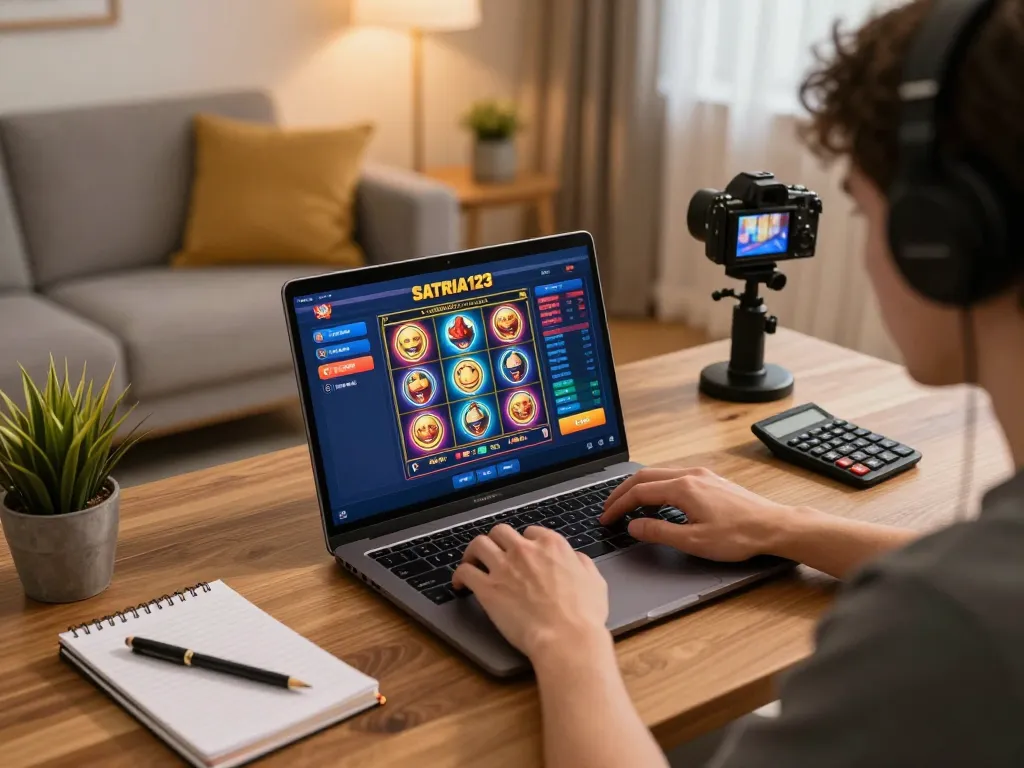 SATRIA123 player engaged in online slot games, highlighting a focused gaming environment with strategic materials.