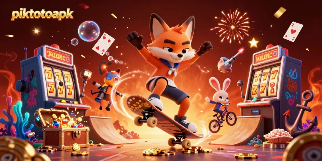 Experience piktotoapk action with vibrant casino-themed 3D characters performing tricks and celebrating!