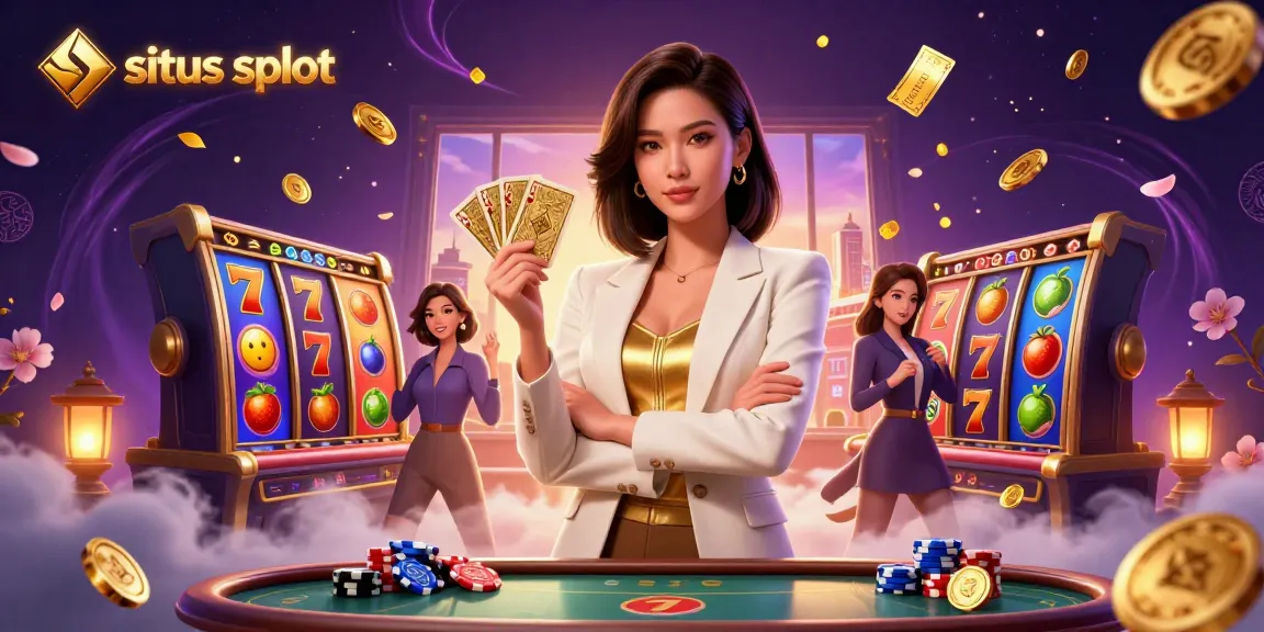 Experience situs slot excitement with a powerful Asian woman holding cards amidst vibrant casino elements.