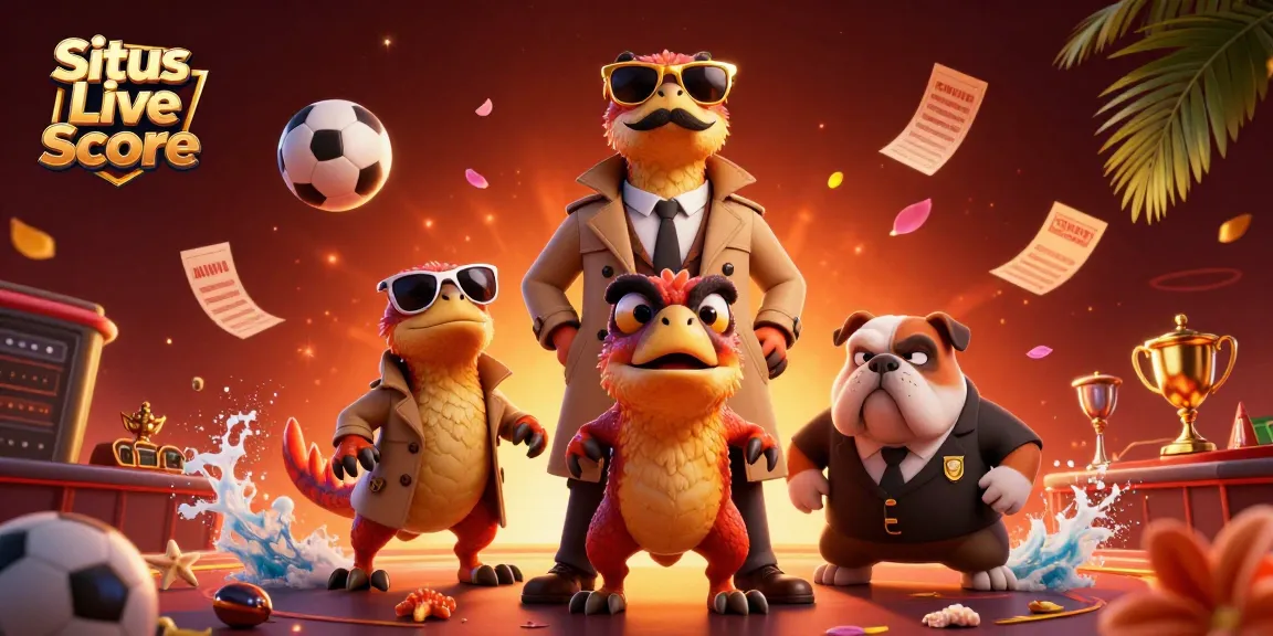Situs Live Score illustration of cartoon raptors in casino scenario, showcasing vibrant sports betting elements.