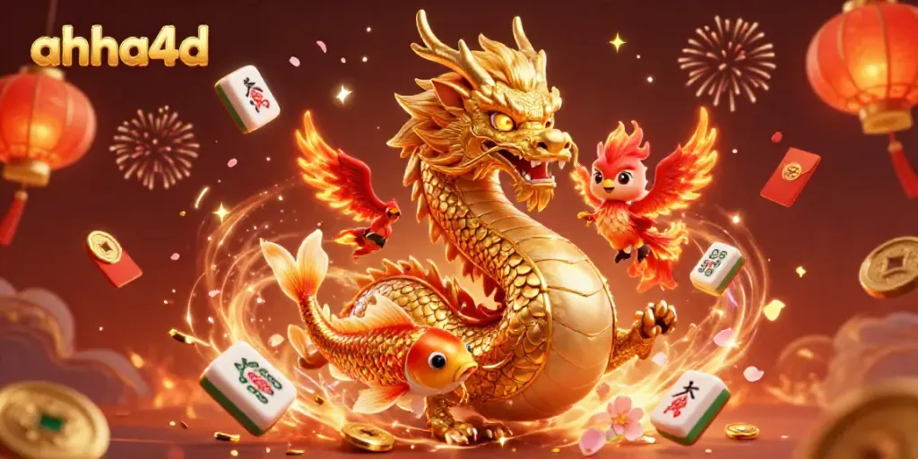 Permainan angka di AHHA4D, bersama naga, phoenix, dan koi emas, menampilkan keajaiban dan peluang keberuntungan.