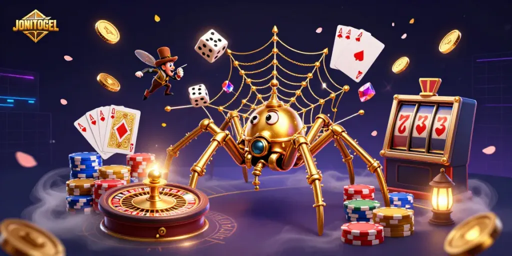 Engage with JONITOGEL's vibrant casino scene featuring a steampunk spider web filled with golden coins and colorful poker chips.