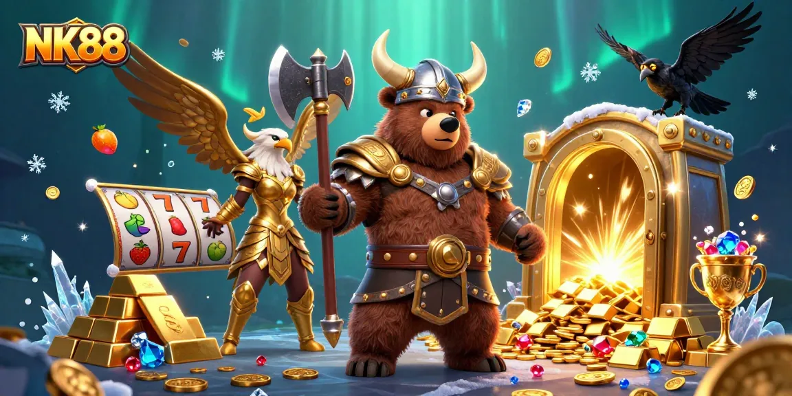 Engage in thrilling slot action at NK88 with Viking and eagle champions amid treasures.