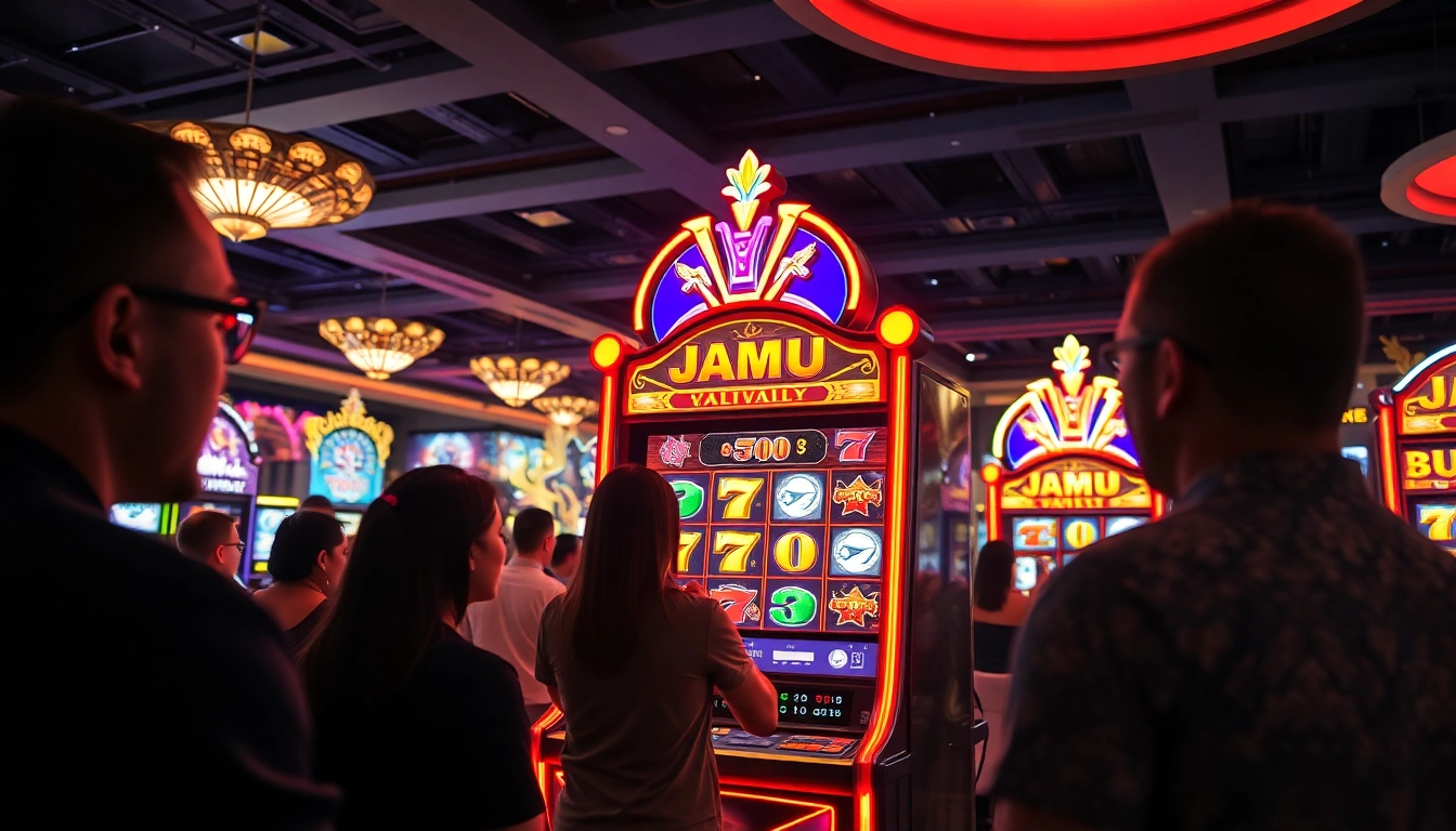 Menang di jamu slot dengan mesin kasino yang berkilau dan dekorasi ceria.
