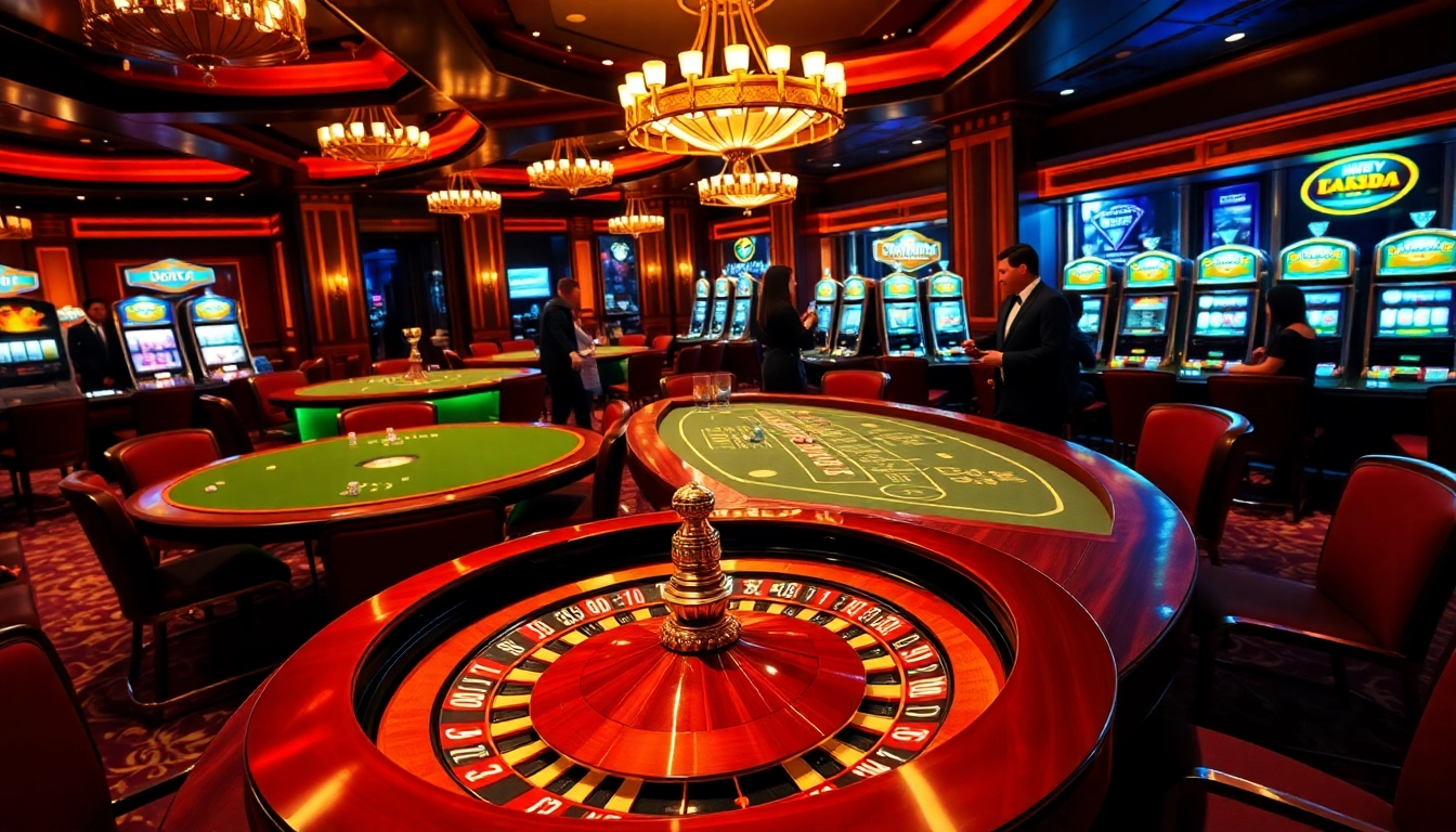 Exciting casino atmosphere at nhacaiuytinvl.com, featuring roulette and blackjack tables.