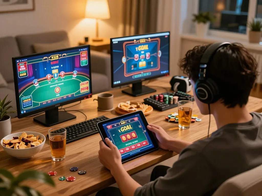 LGO GOAL gaming session at home, engaging player with tablet showcasinbg interactive gameplay and strategy.