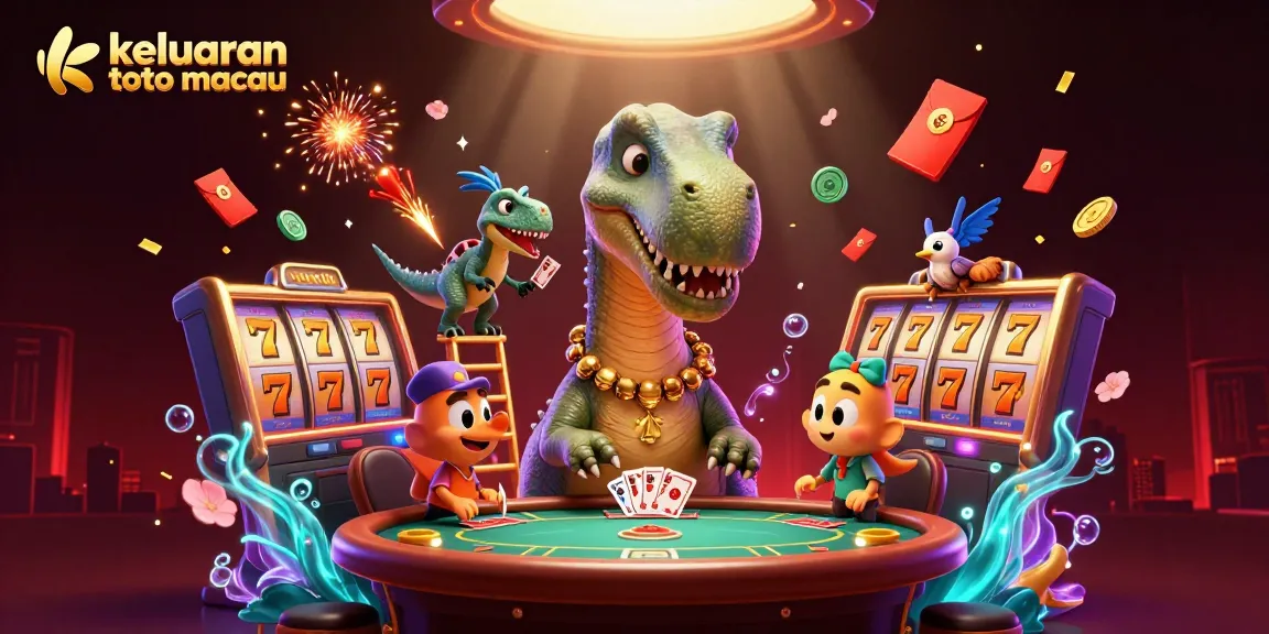 Keluaran toto macau diilustrasikan dengan karakter dinosaurus dan elemen kasino, memberikan pengalaman menarik untuk pemain.