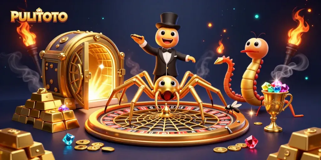 Engage with PULITOTO as a golden spider and centipede croupier create a dazzling casino scene.