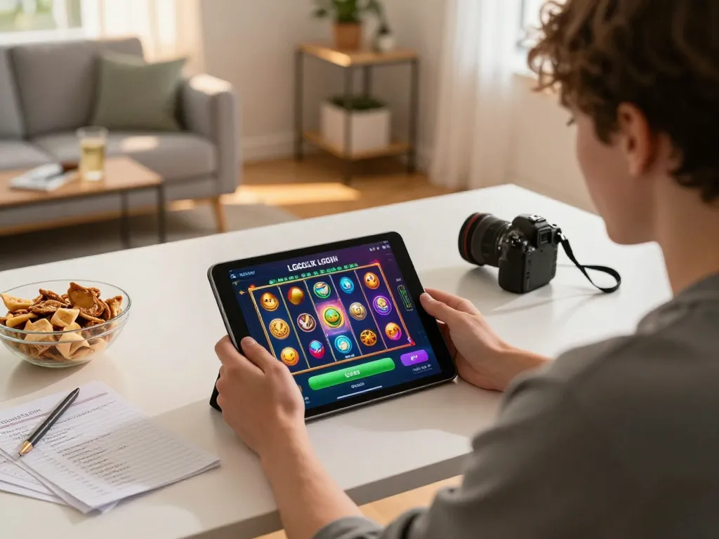 Engaging with LGOLUX LOGIN on a tablet, showcasing an exciting online casino slot gaming experience in a cozy home setting.