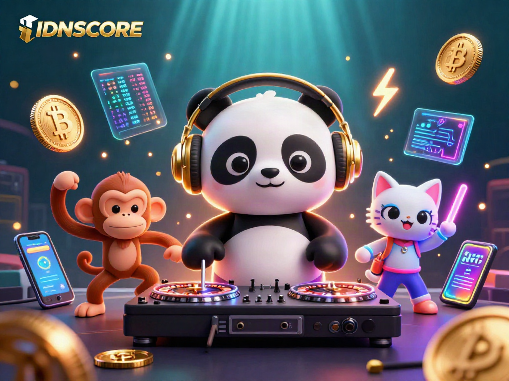 Engage with IDNSCORE's vibrant 3D scene of gaming and crypto elements, featuring playful characters and dynamic visuals.