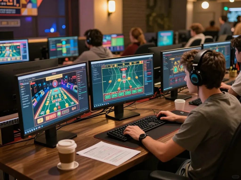 Player analyzing ZEUS222 online casino games on multiple screens in a cozy gaming setup