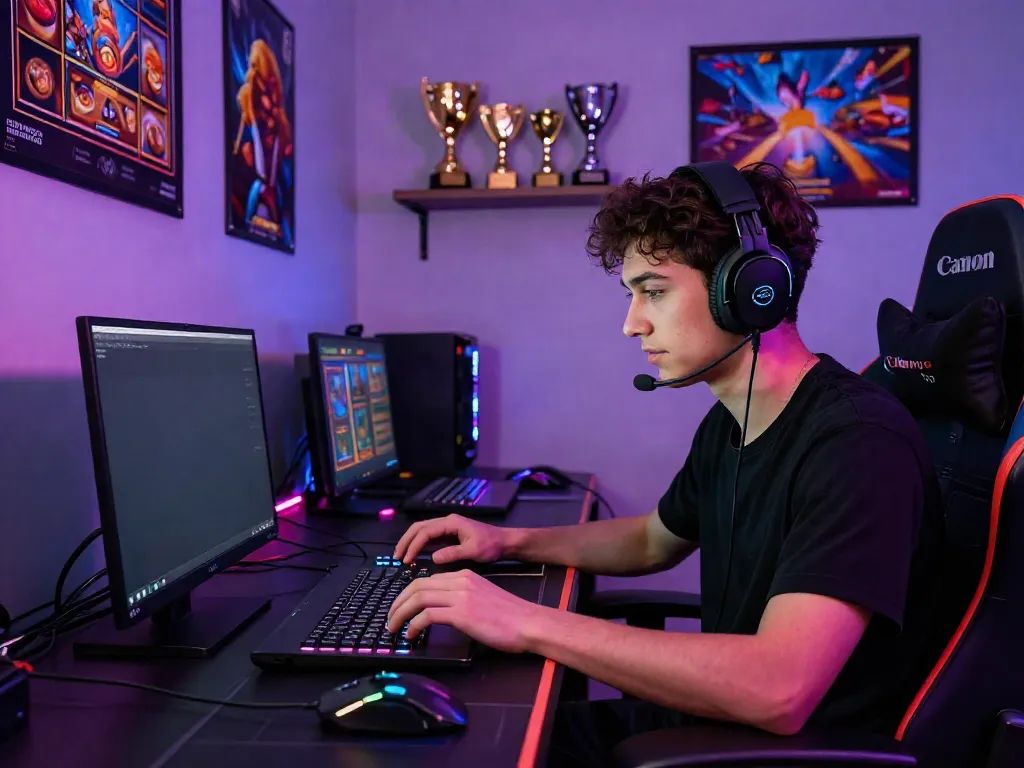Pengguna hotwin88 terlibat dalam permainan slot online di ruang gaming modern dengan ambient LED.