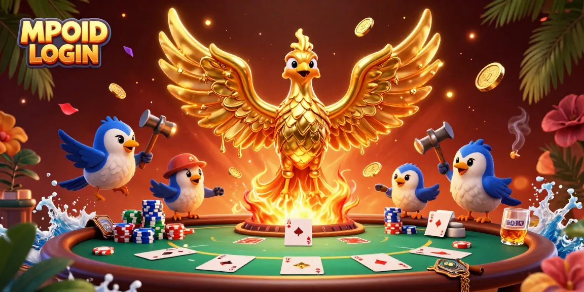MPOID LOGIN showcases a golden phoenix surrounded by vibrant poker elements in a dynamic casino scene.