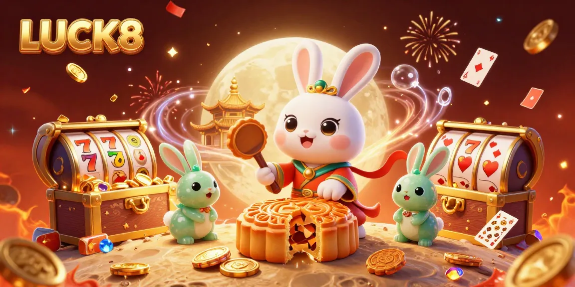 LUCK8 làm nổi bật một cảnh thú vị trong casino với thỏ Ngọc và các biểu tượng may mắn.