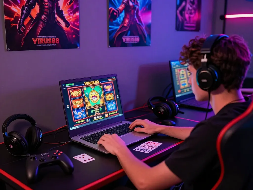 Pemain yang terlibat dengan permainan slot online VIRUS88 di ruang permainan yang penuh warna