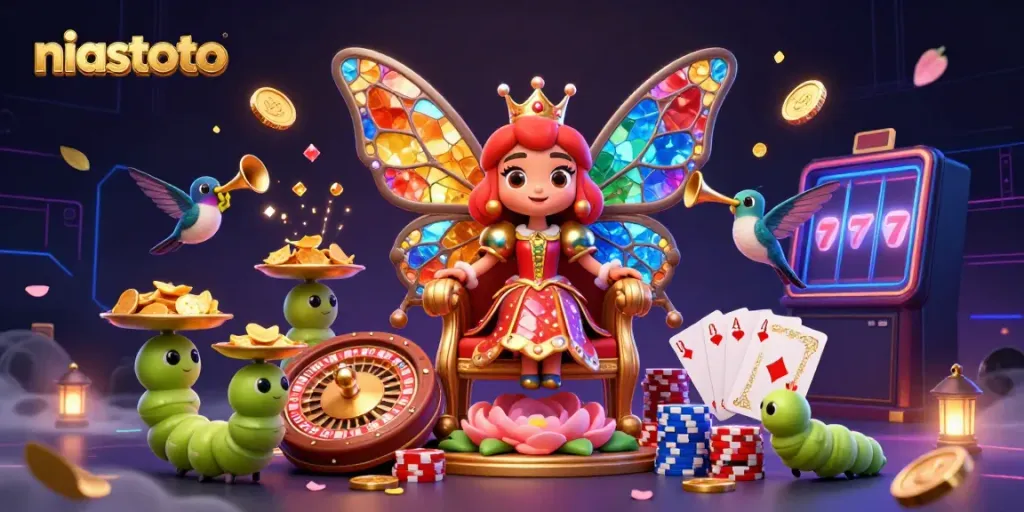 Experience niastoto with a vibrant 3D illustration showcasing a butterfly queen and casino elements.