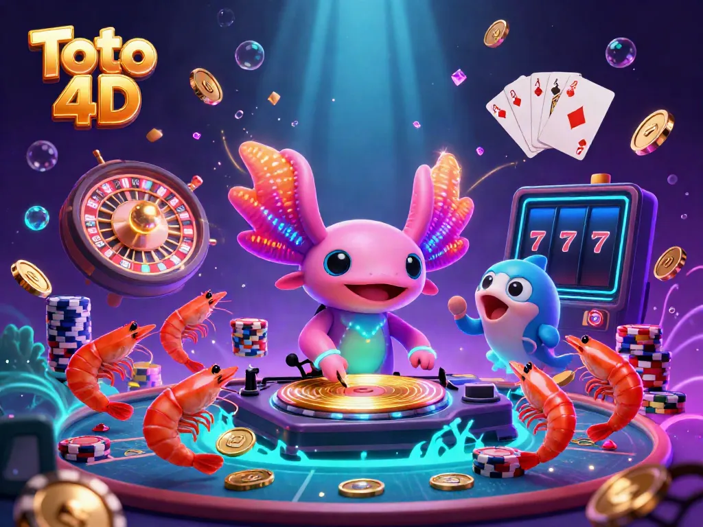 Merayakan peluang Toto 4D dengan DJ axolotl berwarna neon, kemewahan koin emas, dan suasana kasino bawah laut yang semarak.