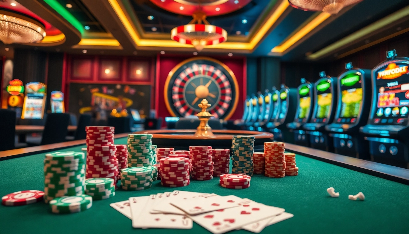 Exciting casino scene with jagoan86 poker chips and a spinning roulette wheel, showcasing luxury.