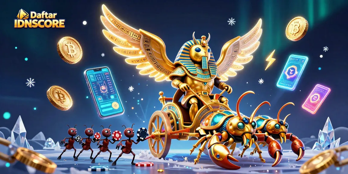 Play and win with Daftar IDNSCORE on this vibrant online casino illustration filled with 3D characters and crypto coins.