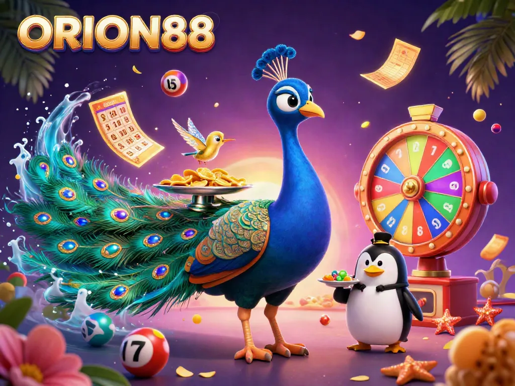 Engage with thrilling ORION88 lottery excitement featuring colorful balls, a peacock, and dynamic winnings.