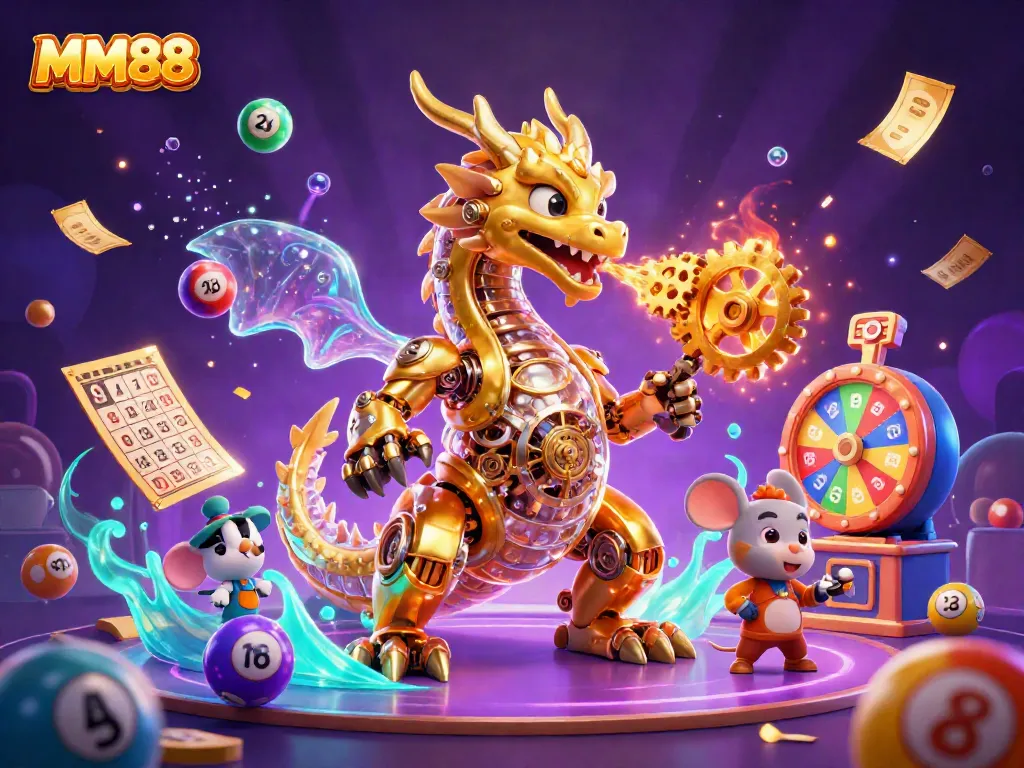 Engage with MM88's fantasy casino world featuring a biomechanical dragon and festive lottery elements.