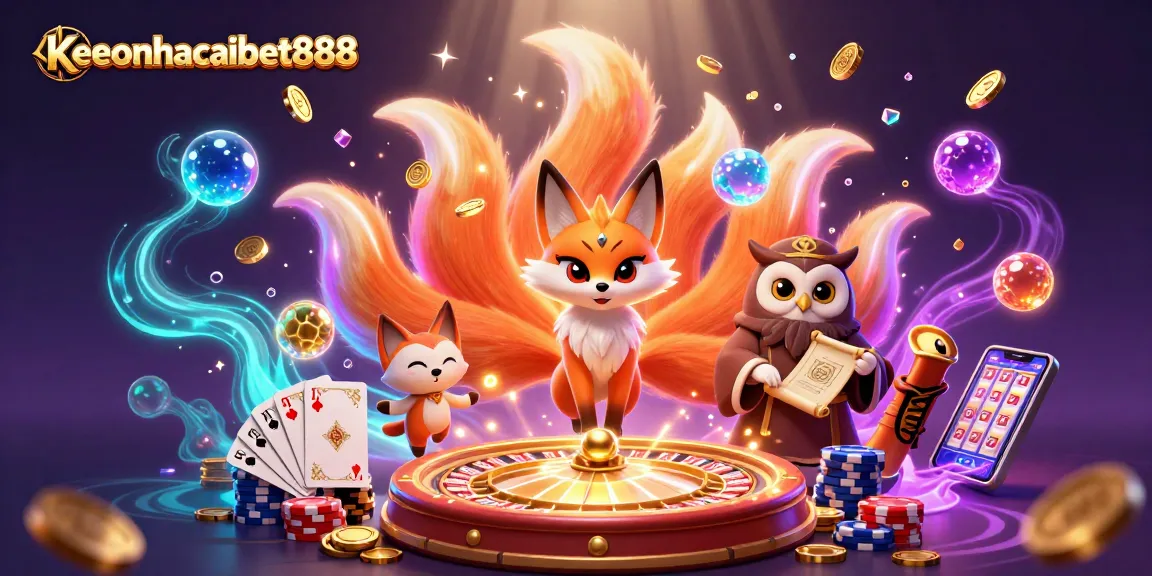 Experience keonhacaibet888's vibrant casino scene with a nine-tailed fox, owl sage, and dynamic gaming elements.