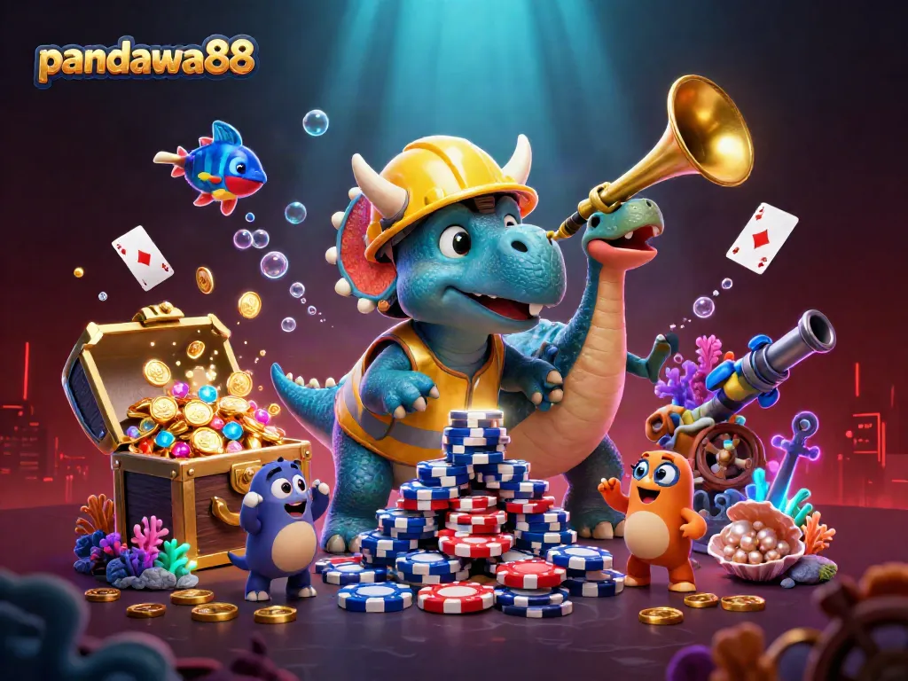 Pandawa88 menghibur pemain dengan karakter dinosaurus unik dalam suasana kasino yang meriah.