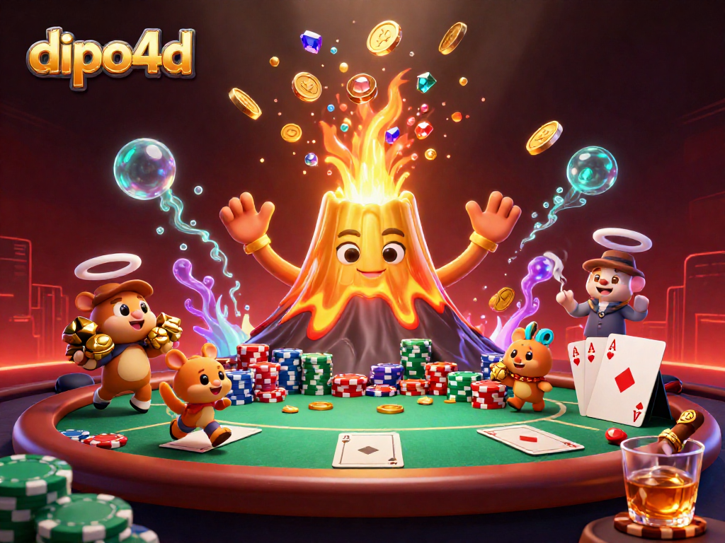 Engage in thrilling dipo4d action with a vibrant casino scene featuring a golden volcano and poker dynamics.