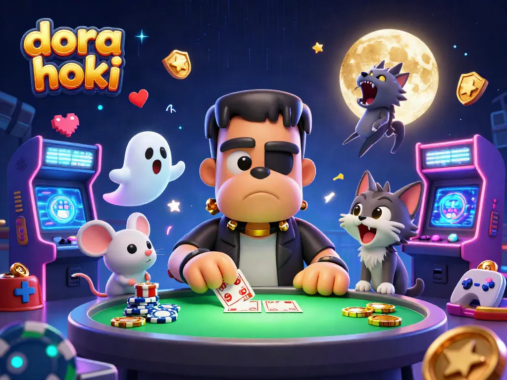 Dora hoki menampilkan bulldog Frankenstein kartun dan elemen kasino lainnya dengan suasana yang mendorong keberuntungan.