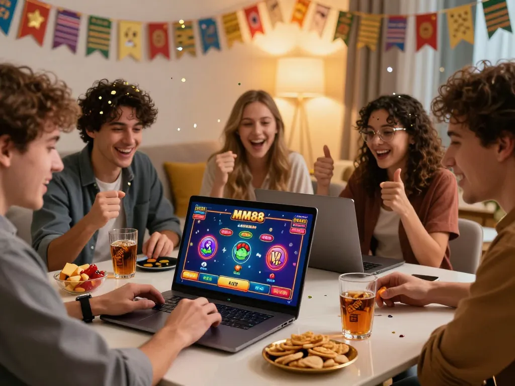 Exciting online gambling experience on MM88 with friends celebrating big wins in a festive living room.