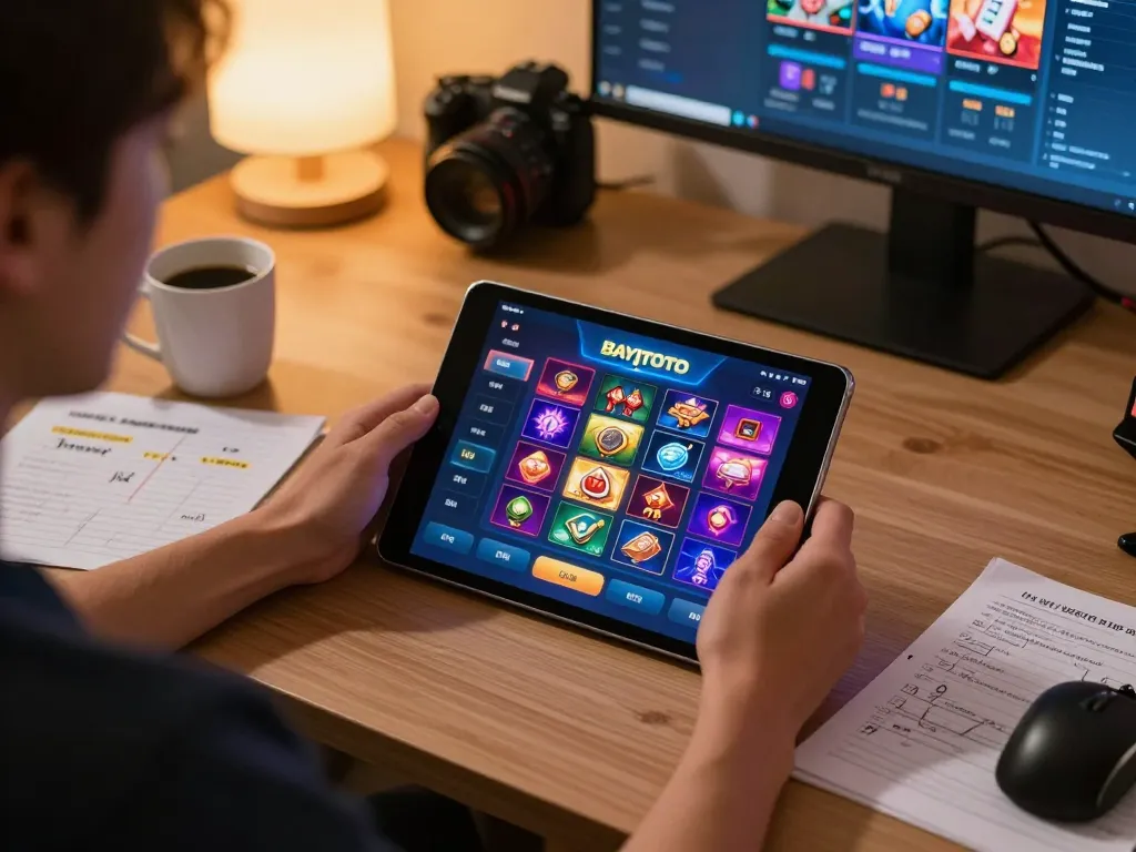 Player strategizing with BAYITOTO's online slots interface, showcasing a responsible gaming environment