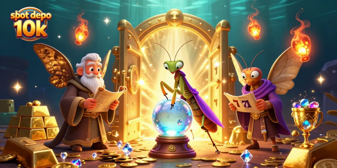 Slot depo 10k memikat dengan karakter kasino dan elemen menawan yang bersinar.